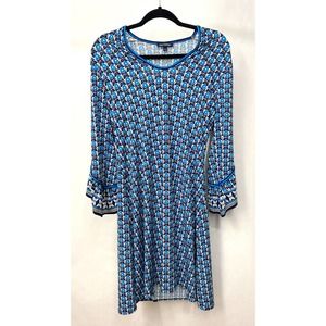 Max Edition Sheath Dress with Bell Sleeves Blue Print Size Large